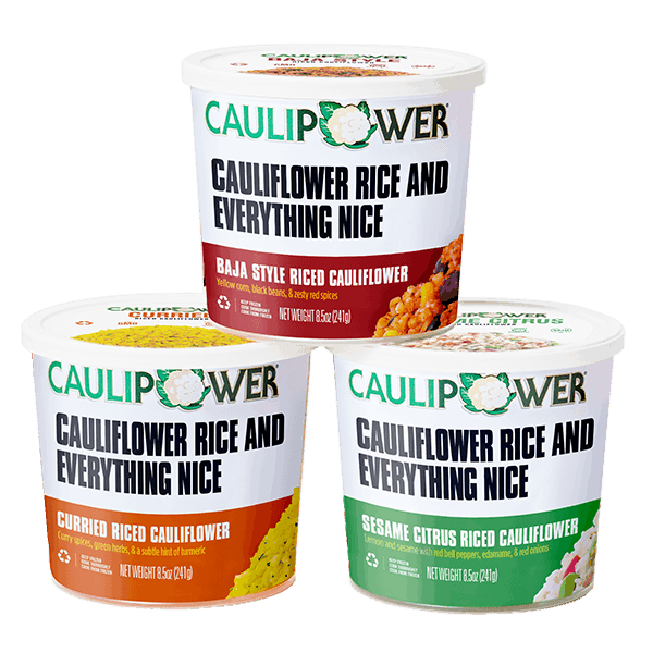 Packaging of three flavors of CAULIPOWER Riced Cauliflower