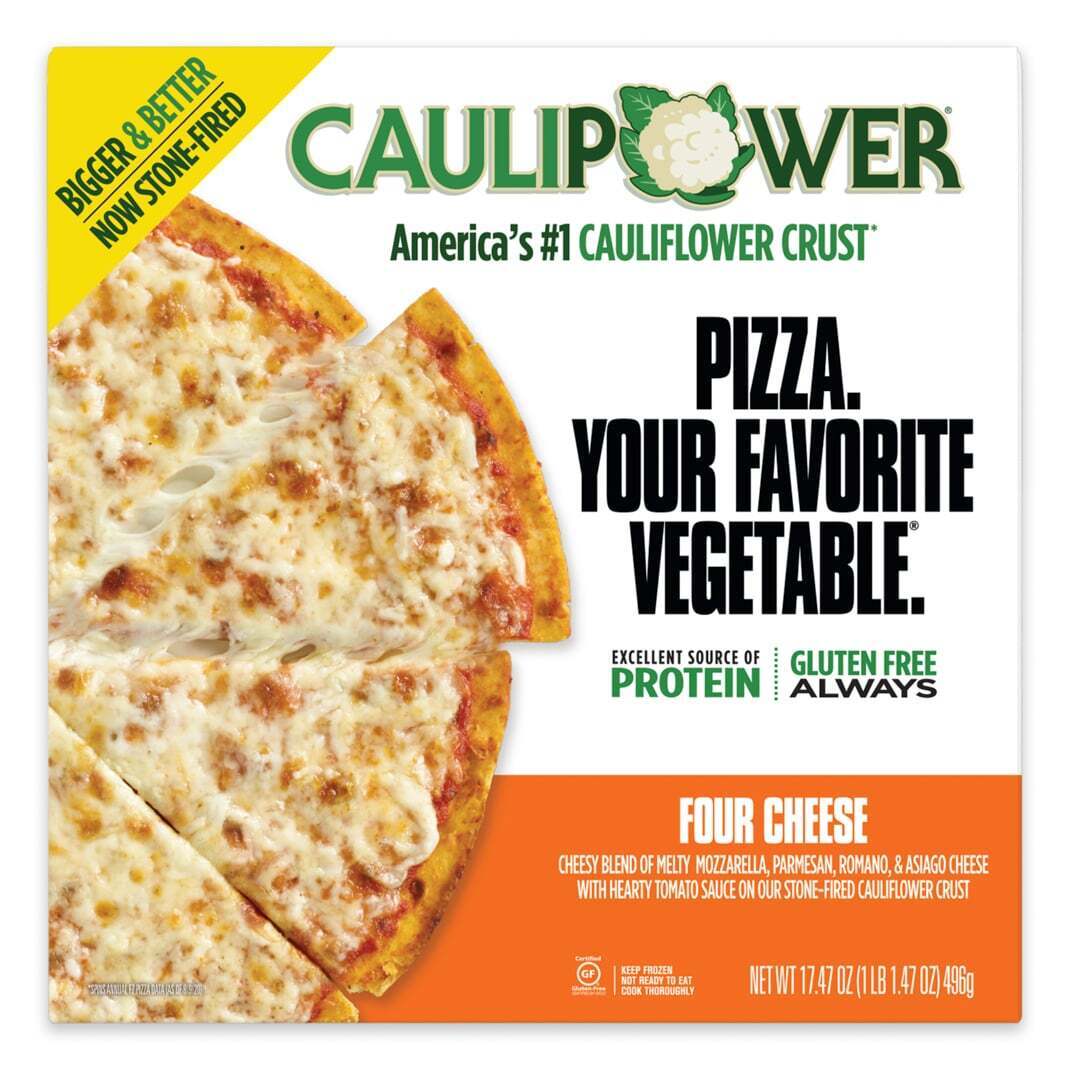 Four Cheese BIGGER Frozen Cauliflower Pizza Packaging from CAULIPOWER