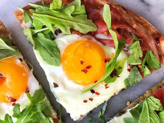 Egg, Pesto, Prosciutto, & Arugula Pizza Recipe | No Yolkin’ Around…