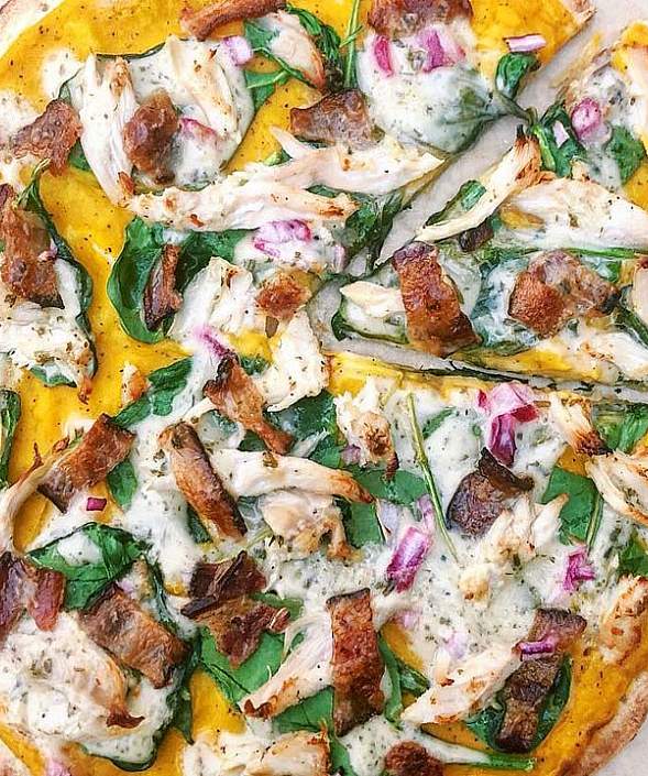 Paleo Chicken, Bacon, Ranch Pizza