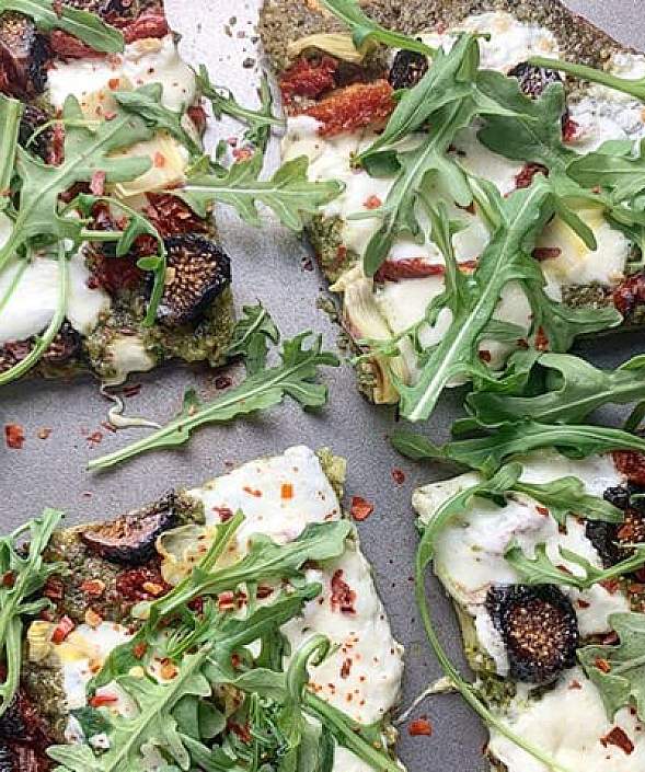 Pesto Cauliflower Crust Pizza with Burrata, Figs and Artichokes