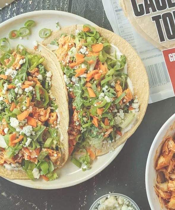 Healthy Buffalo Chicken Tacos featuring CAULIPOWER Tortillas
