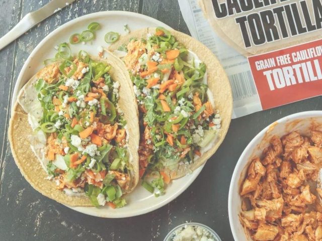 Healthy Buffalo Chicken Tacos featuring CAULIPOWER Tortillas