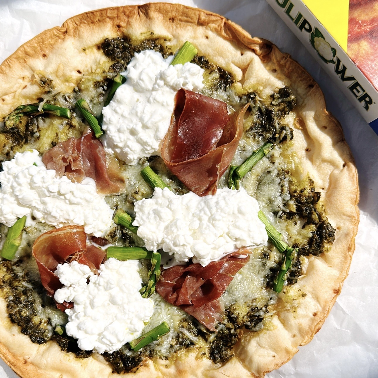 Asparagus, Burrata, Prosciutto Pizza